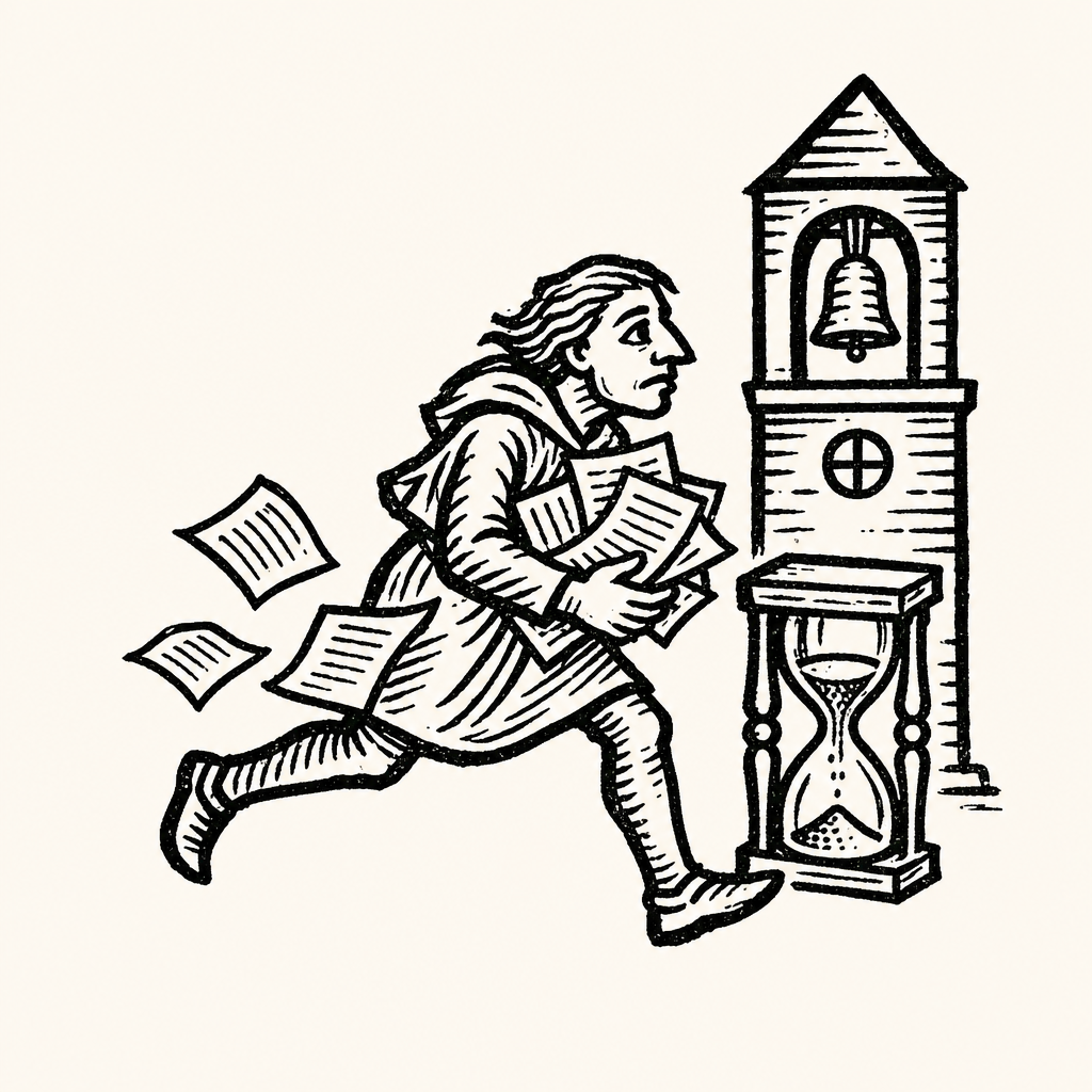 Woodcut illustration for dreams of Being Late