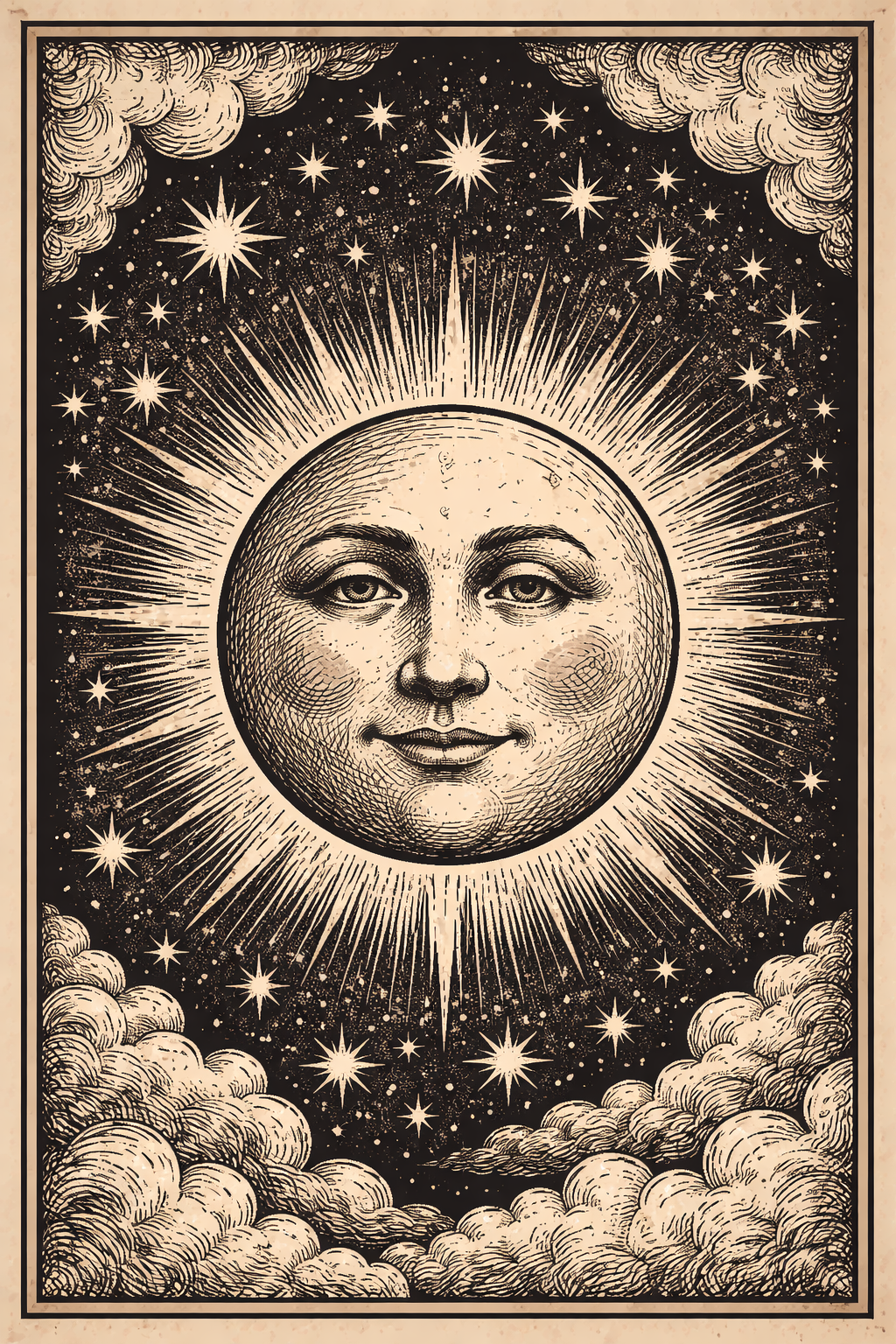 A hand-carved woodcut of a sleeping moon-sun face with rays, stars, and clouds.