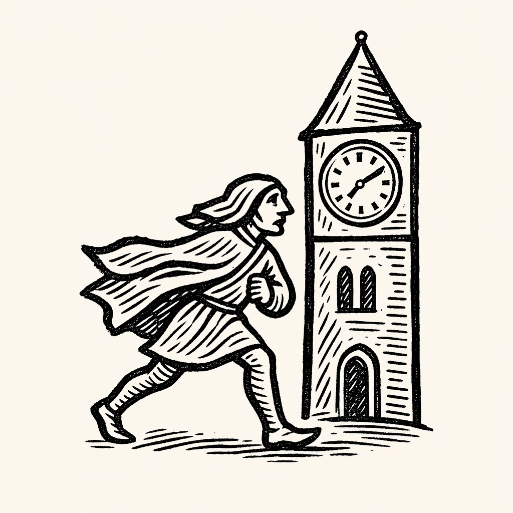 Woodcut of Being Late